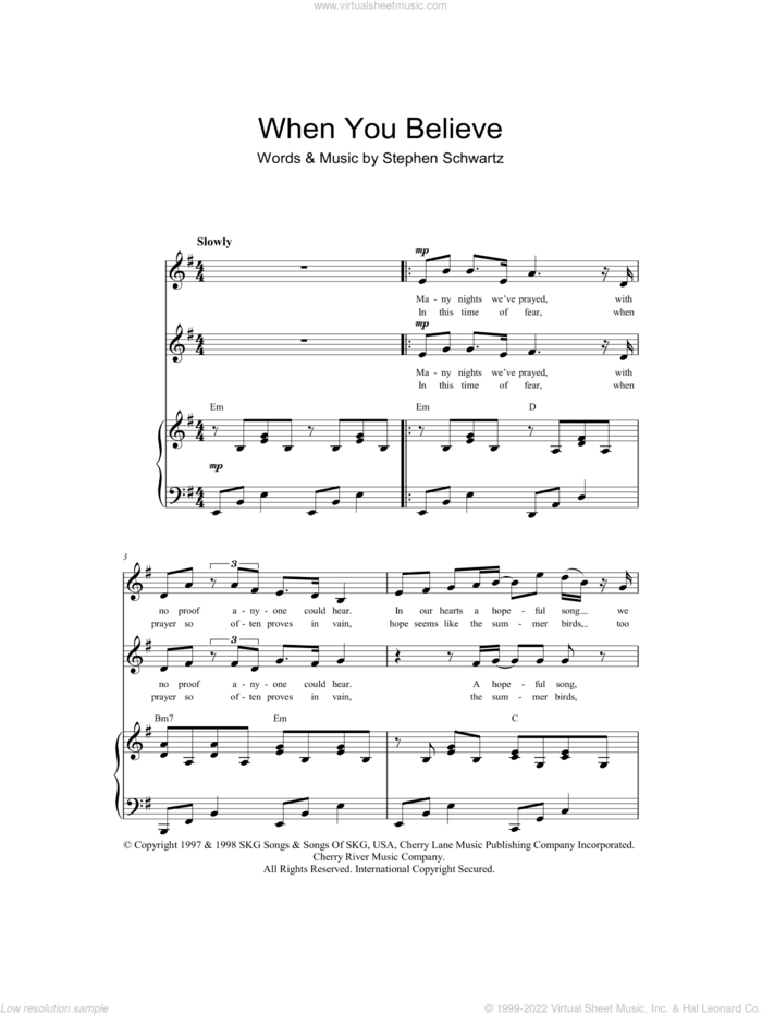 When You Believe sheet music for choir (2-Part) by Stephen Schwartz, intermediate duet