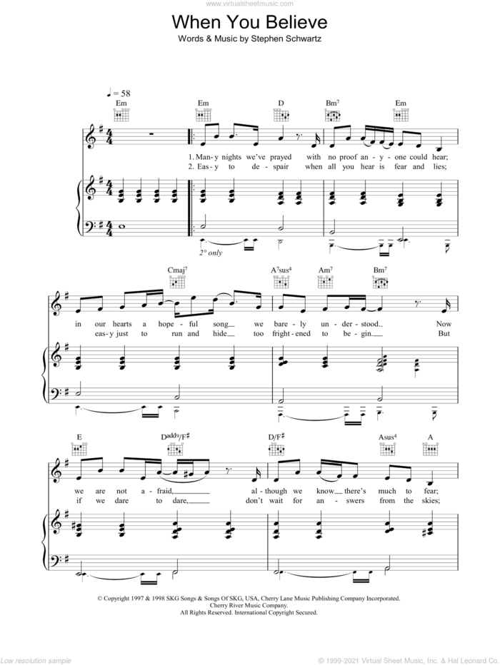 When You Believe sheet music for voice, piano or guitar by Stephen Schwartz, intermediate skill level