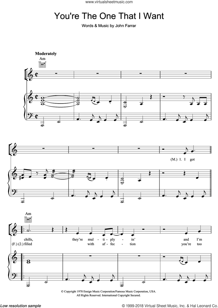 You're The One That I Want (from Grease) sheet music for voice, piano or guitar by Olivia Newton-John, John Travolta and John Farrar, intermediate skill level