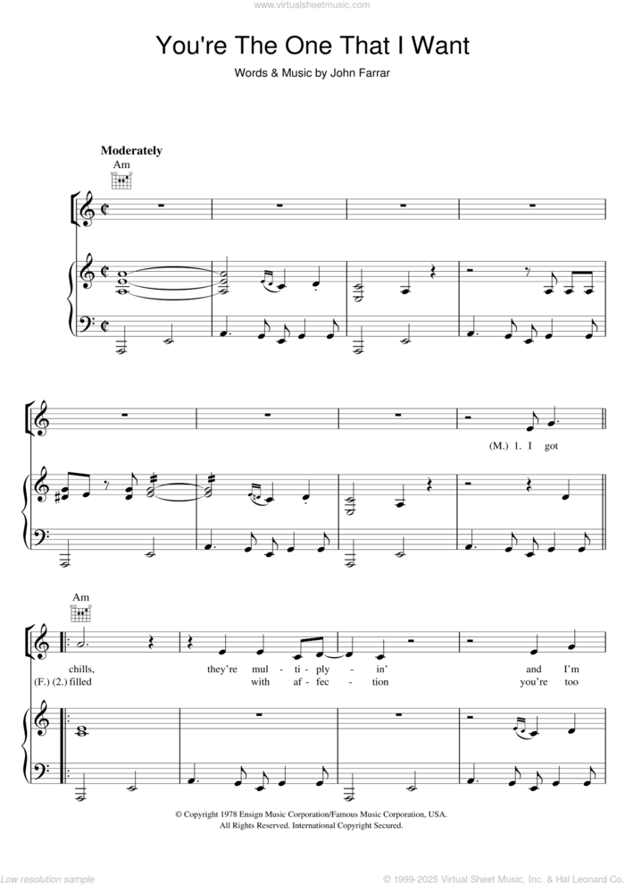 You're The One That I Want (from Grease) sheet music for voice, piano or guitar by Olivia Newton-John, John Travolta and John Farrar, intermediate skill level