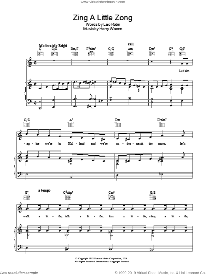 Zing A Little Zong sheet music for voice, piano or guitar by Harry Warren and Leo Robin, intermediate skill level