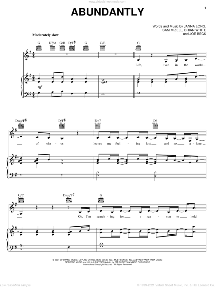 Abundantly sheet music for voice, piano or guitar by Avalon, Bryan White, Janna Long and Sam Mizell, intermediate skill level