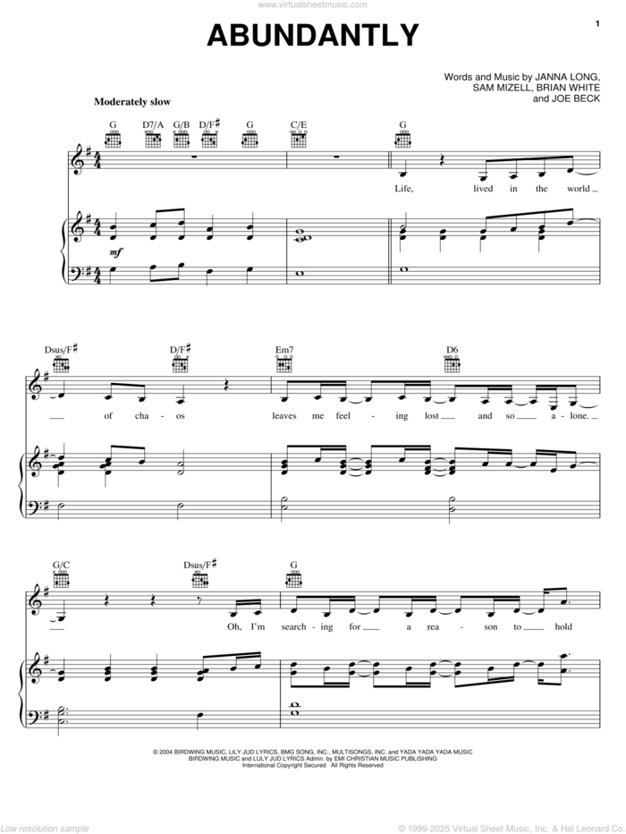 Abundantly sheet music for voice, piano or guitar by Avalon, Bryan White, Janna Long and Sam Mizell, intermediate skill level