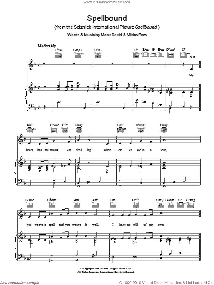 Spellbound sheet music for voice, piano or guitar by Mack David and Miklos Rozsa, intermediate skill level