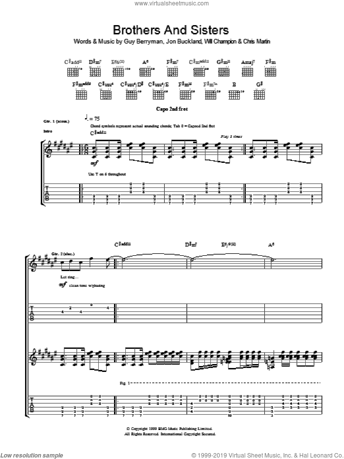 Brothers And Sisters sheet music for guitar (tablature) by Coldplay, Chris Martin, Guy Berryman, Jon Buckland and Will Champion, intermediate skill level