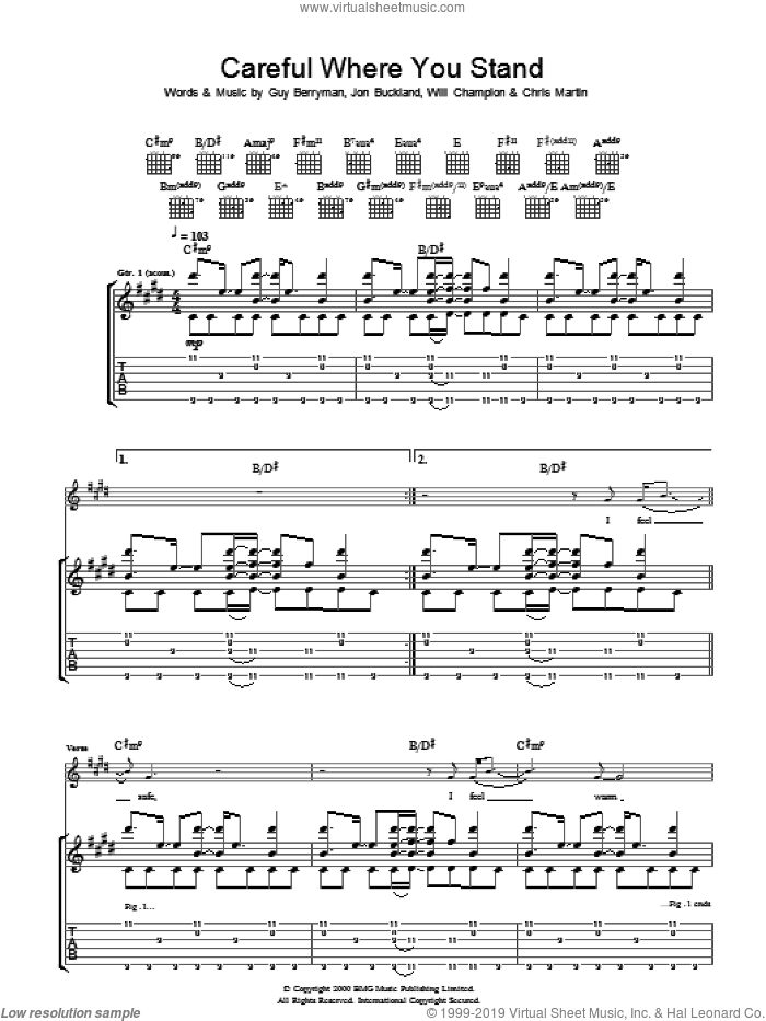 Careful Where You Stand sheet music for guitar (tablature) by Coldplay, Chris Martin, Guy Berryman, Jon Buckland and Will Champion, intermediate skill level