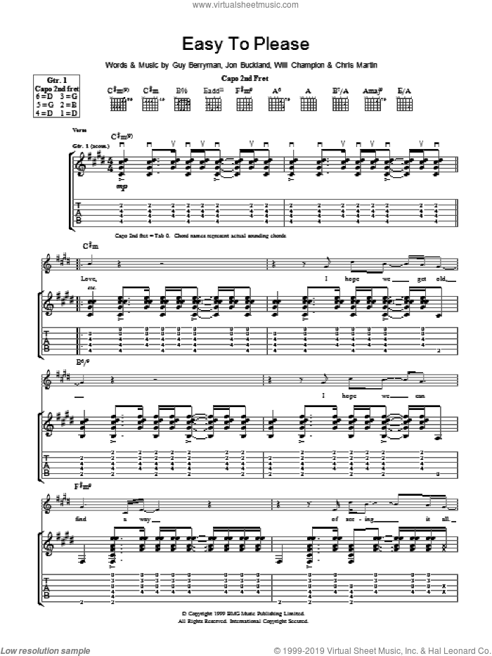Easy To Please sheet music for guitar (tablature) by Coldplay, Chris Martin, Guy Berryman, Jon Buckland and Will Champion, intermediate skill level