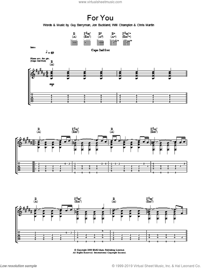 For You sheet music for guitar (tablature) by Coldplay, Chris Martin, Guy Berryman, Jon Buckland and Will Champion, intermediate skill level