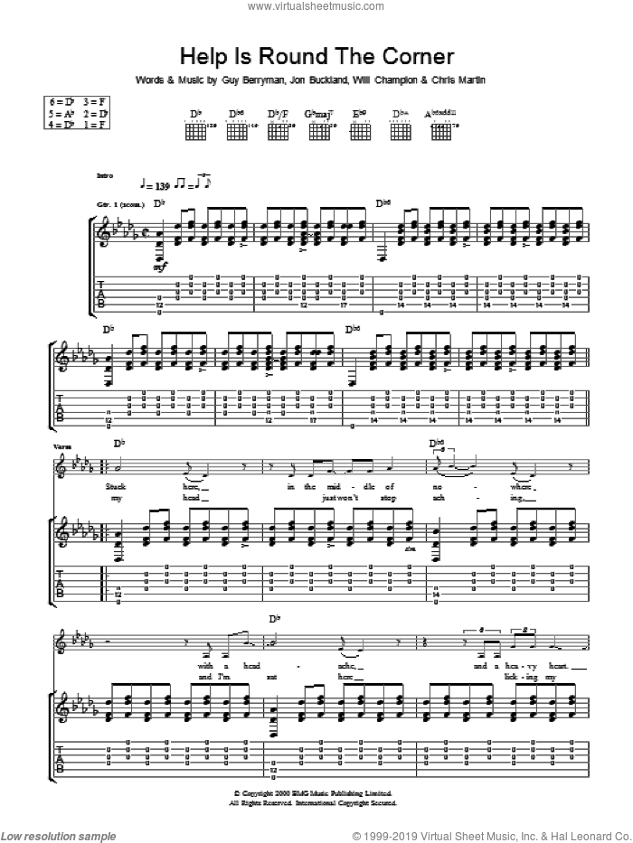 Help Is Round The Corner sheet music for guitar (tablature) by Coldplay, Chris Martin, Guy Berryman, Jon Buckland and Will Champion, intermediate skill level
