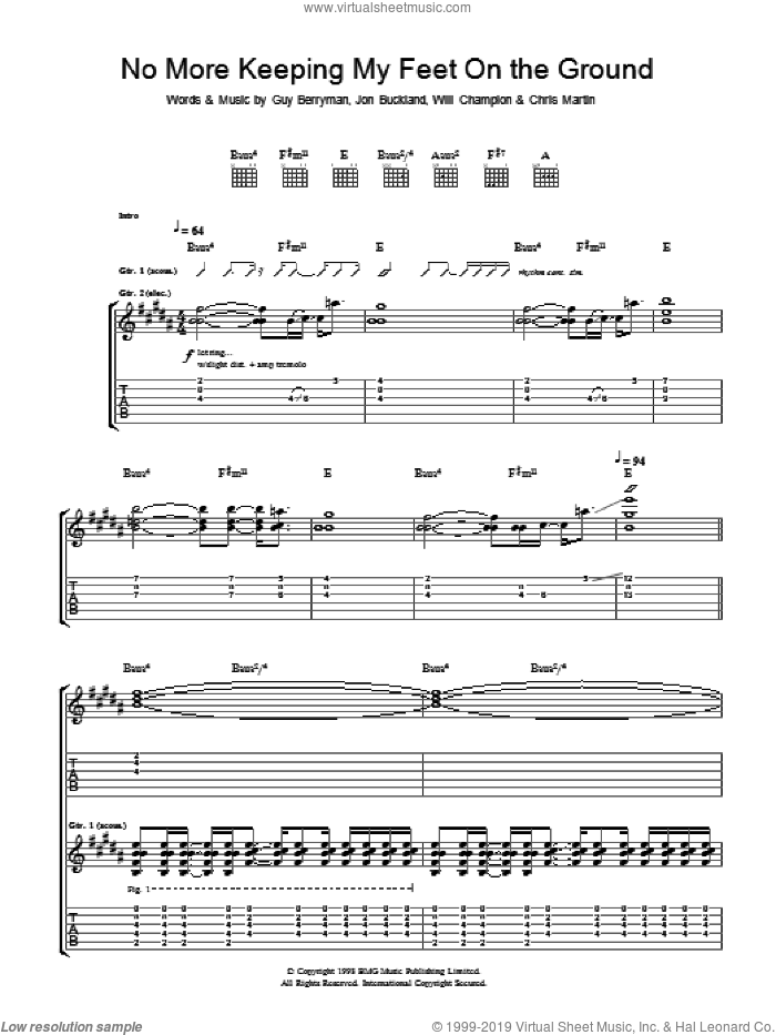 No More Keeping My Feet On The Ground sheet music for guitar (tablature) by Coldplay, Chris Martin, Guy Berryman, Jon Buckland and Will Champion, intermediate skill level