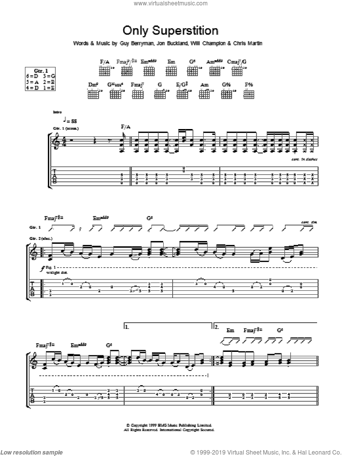 Only Superstition sheet music for guitar (tablature) by Coldplay, Chris Martin, Guy Berryman, Jon Buckland and Will Champion, intermediate skill level