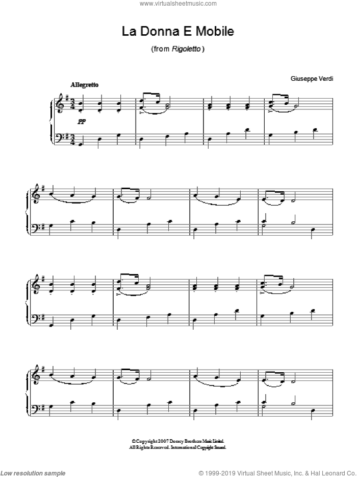 La Donna e Mobile sheet music for piano solo by Giuseppe Verdi, classical score, easy skill level
