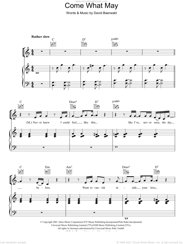 Come What May (from Moulin Rouge) sheet music for voice, piano or guitar by Nicole Kidman & Ewan McGregor, Ewan McGregor, Moulin Rouge (Movie), Nicole Kidman, Nicole Kidman and Ewan McGregor and David Baerwald, intermediate skill level