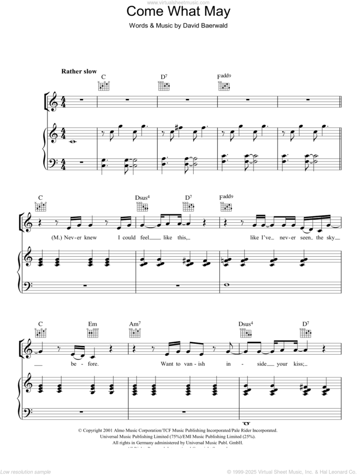 Come What May (from Moulin Rouge) sheet music for voice, piano or guitar by Nicole Kidman & Ewan McGregor, Ewan McGregor, Moulin Rouge (Movie), Nicole Kidman, Nicole Kidman and Ewan McGregor and David Baerwald, intermediate skill level