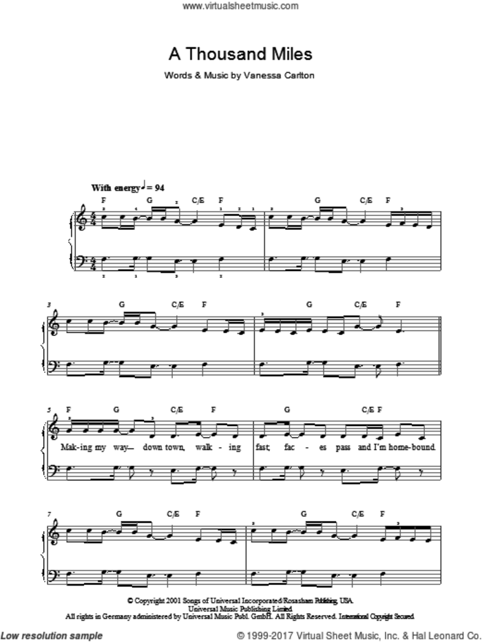 A Thousand Miles, (easy) sheet music for piano solo by Vanessa Carlton, easy skill level