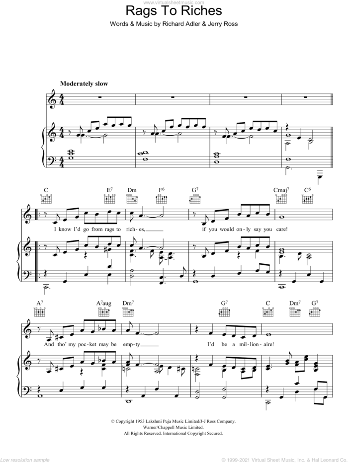 Rags To Riches sheet music for voice, piano or guitar by Richard Adler and Jerry Ross, intermediate skill level