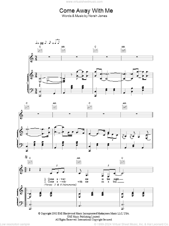 Come Away With Me sheet music for voice, piano or guitar by Norah Jones, intermediate skill level
