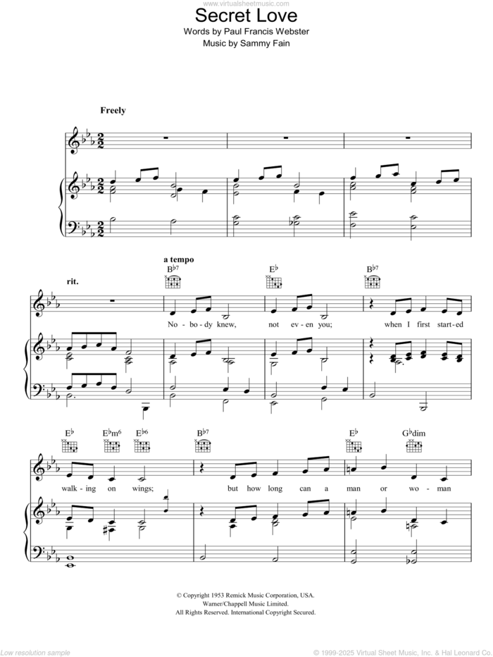 Secret Love sheet music for voice, piano or guitar by Sammy Fain and Paul Francis Webster, intermediate skill level