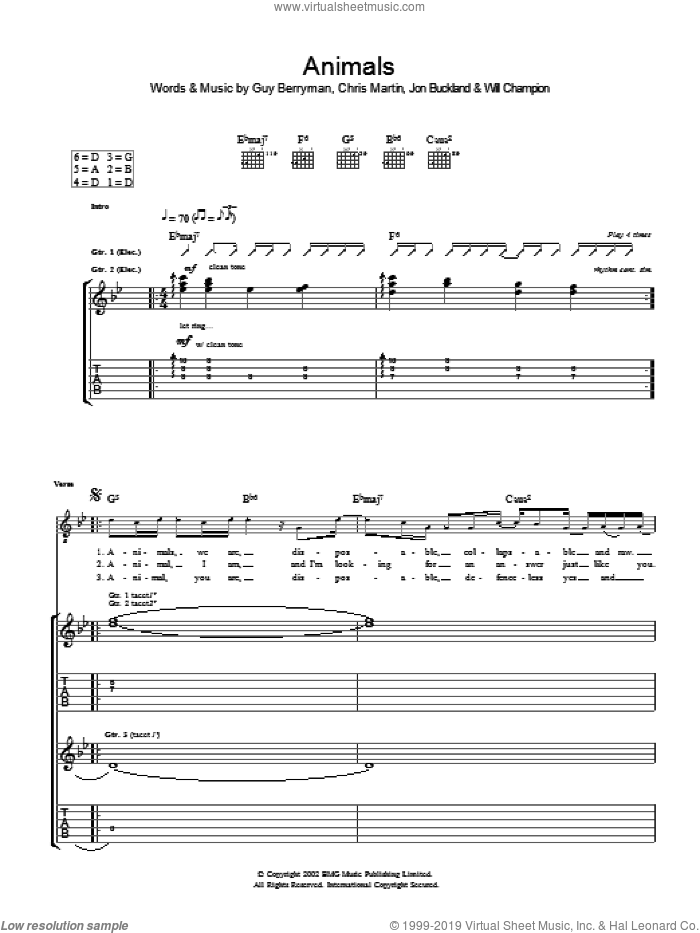 Animals sheet music for guitar (tablature) by Coldplay, Chris Martin, Guy Berryman, Jon Buckland and Will Champion, intermediate skill level