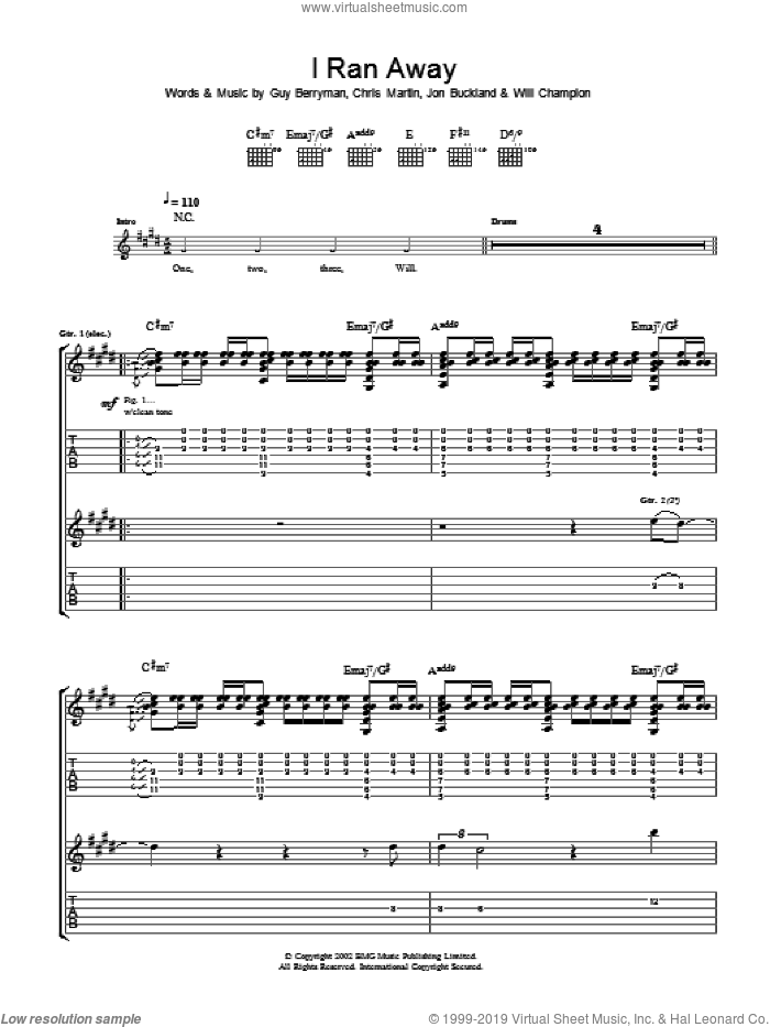 I Ran Away sheet music for guitar (tablature) by Coldplay, Chris Martin, Guy Berryman, Jon Buckland and Will Champion, intermediate skill level