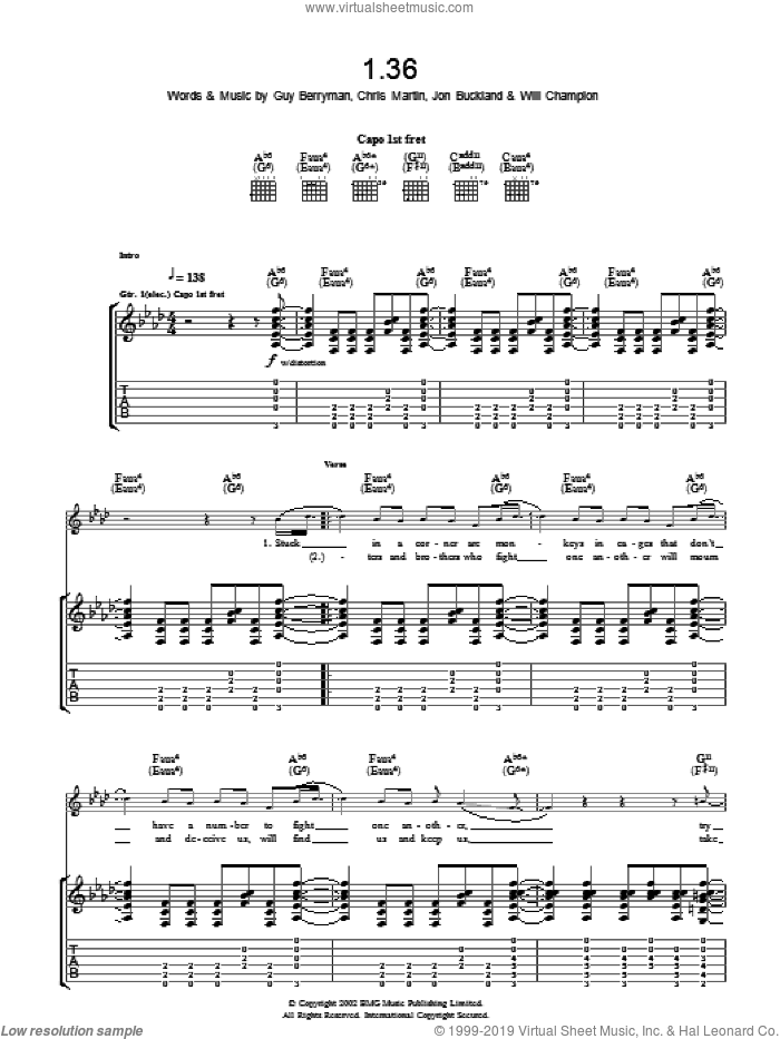 1.36 sheet music for guitar (tablature) by Coldplay, Chris Martin, Guy Berryman, Jon Buckland and Will Champion, intermediate skill level