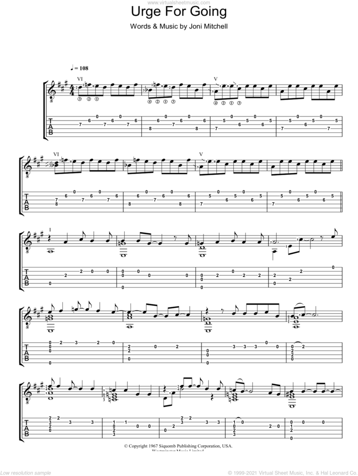 Urge For Going sheet music for guitar (tablature) by Joni Mitchell, intermediate skill level