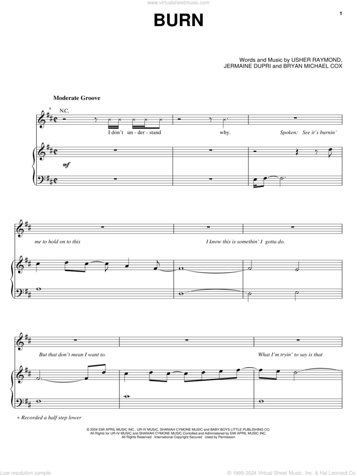 Burn sheet music for voice, piano or guitar by Bryan Michael Cox, Gary Usher, Jermaine Dupri and Usher Raymond, intermediate skill level