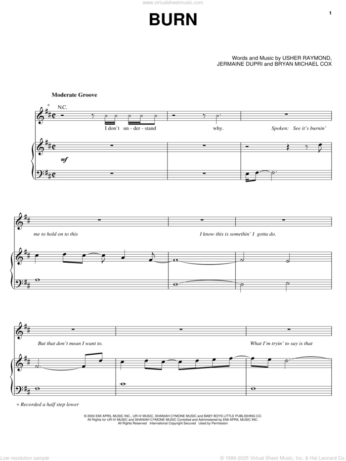 Burn sheet music for voice, piano or guitar by Gary Usher, Bryan Michael Cox, Jermaine Dupri and Usher Raymond, intermediate skill level