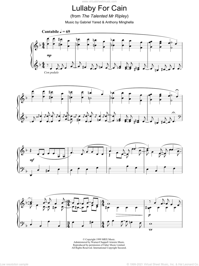 Lullaby For Cain sheet music for piano solo by Gabriel Yared and Anthony Minghella (arr.), intermediate skill level