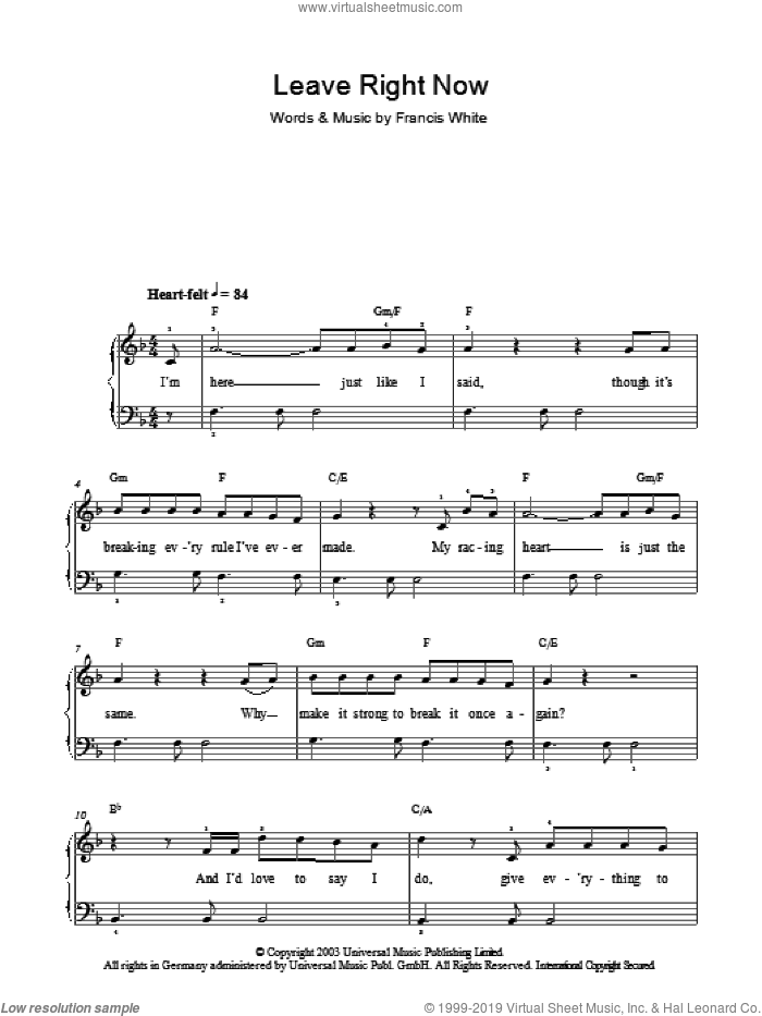 Leave Right Now sheet music for piano solo by Will Young and Francis White, easy skill level