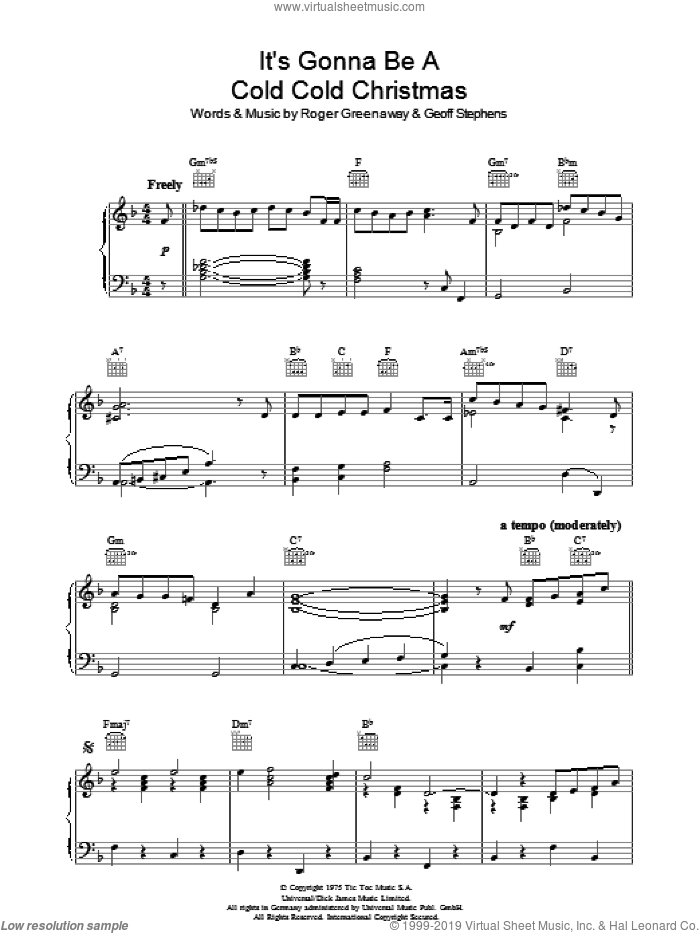 It's Gonna Be A Cold Cold Christmas sheet music for piano solo by Dana, Geoff Stephens and Roger Greenaway, intermediate skill level