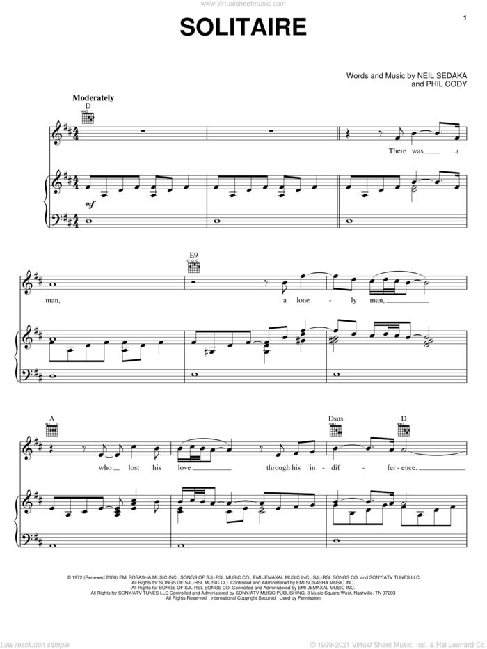 Solitaire sheet music for voice, piano or guitar by Clay Aiken, American Idol, Carpenters, Neil Sedaka and Phil Cody, intermediate skill level