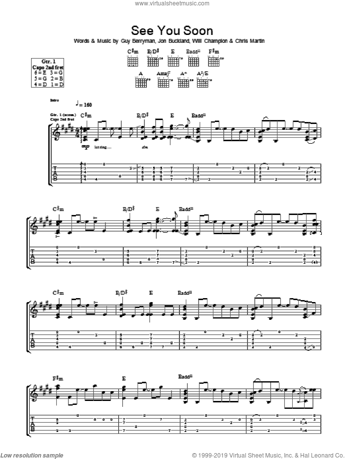 See You Soon sheet music for guitar (tablature) by Coldplay, Chris Martin, Guy Berryman, Jon Buckland and Will Champion, intermediate skill level
