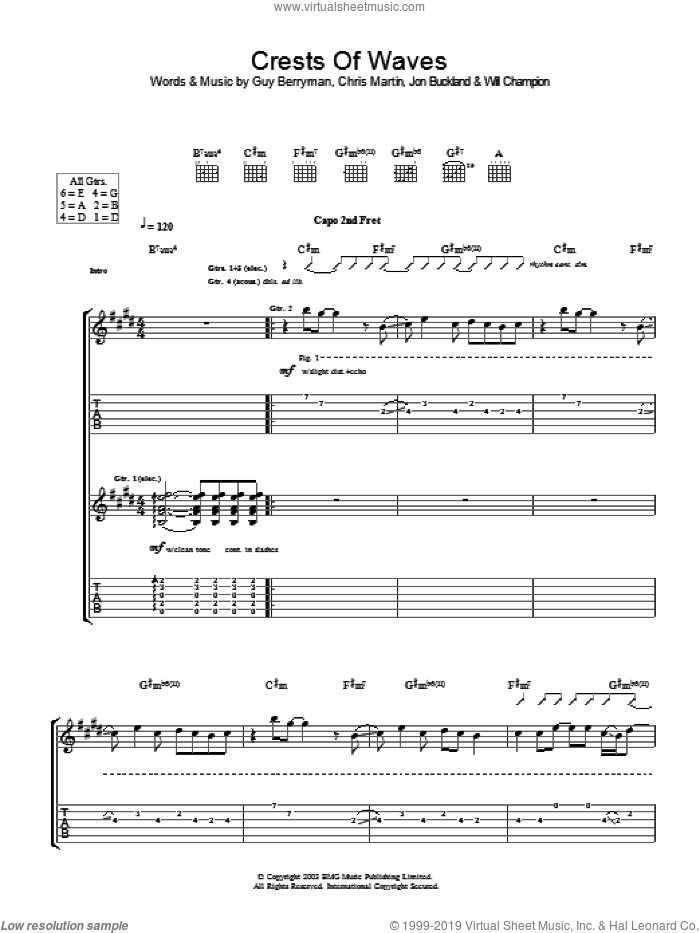 Crests Of Waves sheet music for guitar (tablature) by Coldplay, Chris Martin, Guy Berryman, Jon Buckland and Will Champion, intermediate skill level