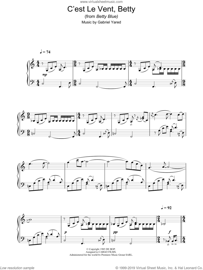C'est Le Vent Betty sheet music for piano solo by Gabriel Yared, intermediate skill level