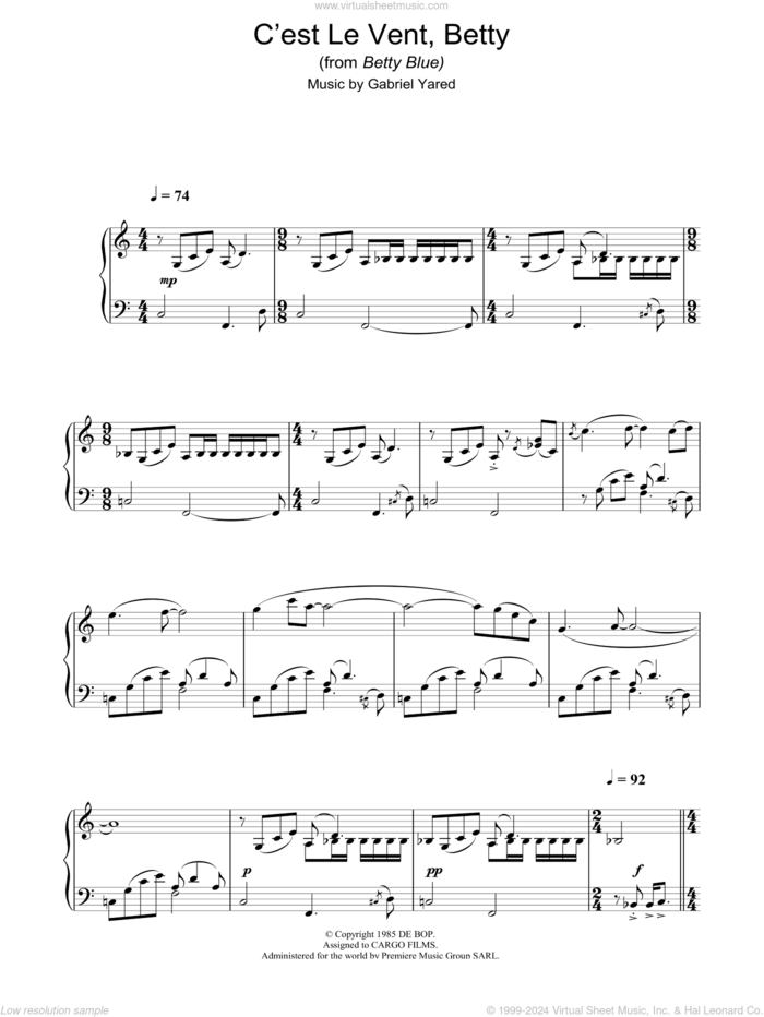 C'est Le Vent Betty sheet music for piano solo by Gabriel Yared, intermediate skill level