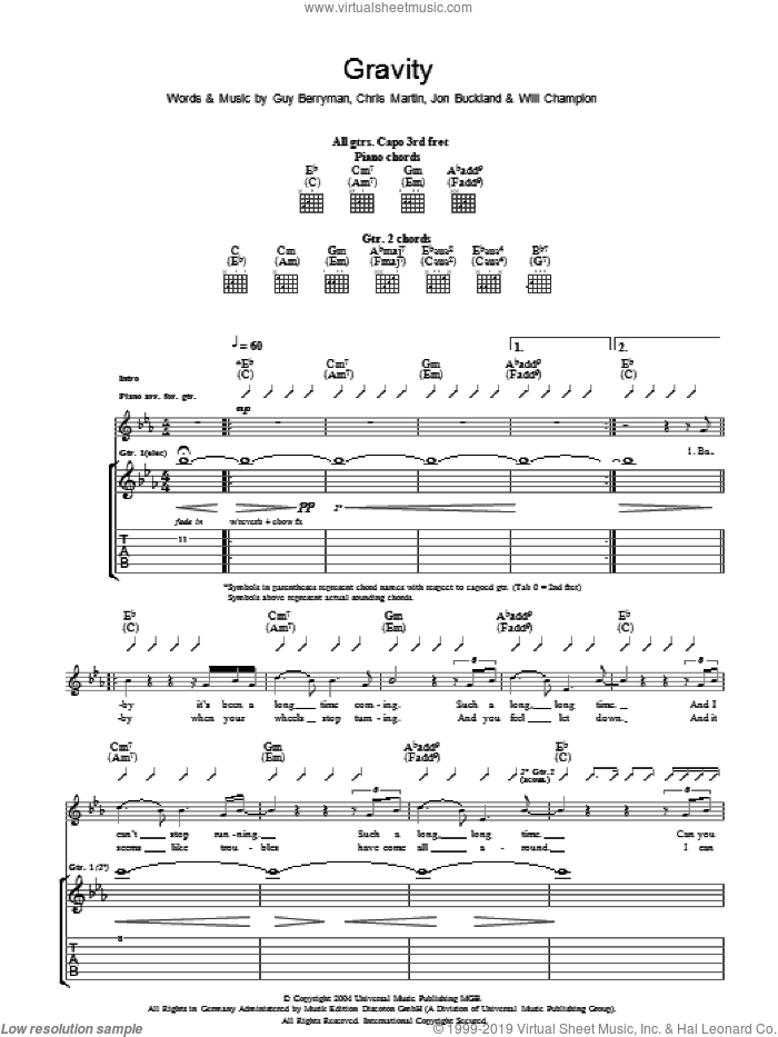 Gravity sheet music for guitar (tablature) by Coldplay, Chris Martin, Guy Berryman, Jon Buckland and Will Champion, intermediate skill level
