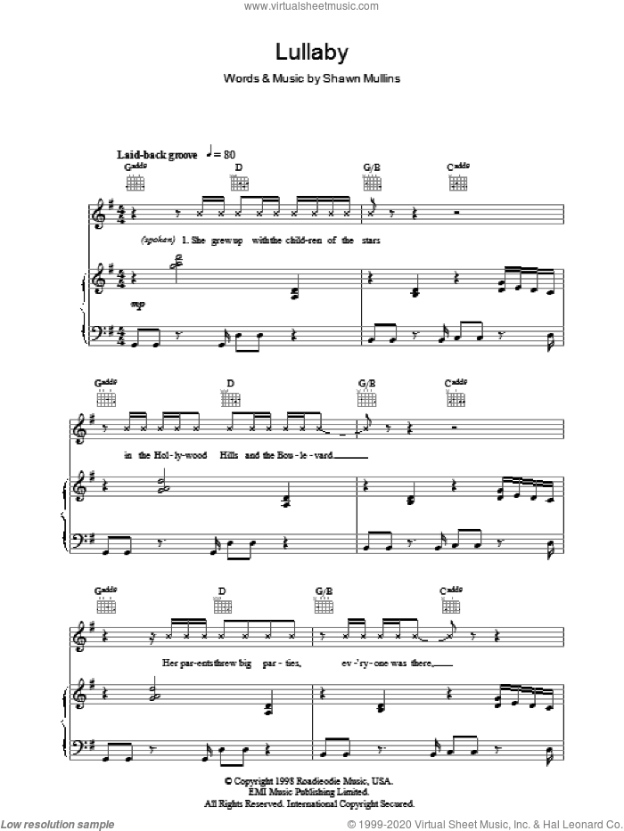Lullaby sheet music for voice, piano or guitar by Shawn Mullins, intermediate skill level