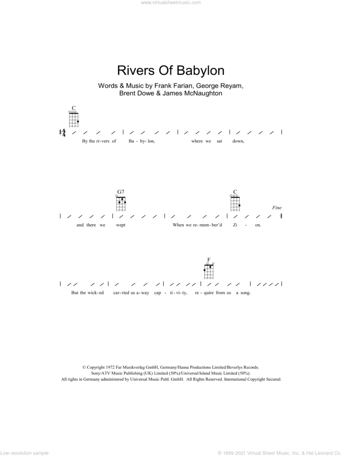 Rivers Of Babylon sheet music for ukulele (chords) by Boney M., The Melodians, Brent Dowe, Frank Farian, George Reyam and James McNaughton, intermediate skill level
