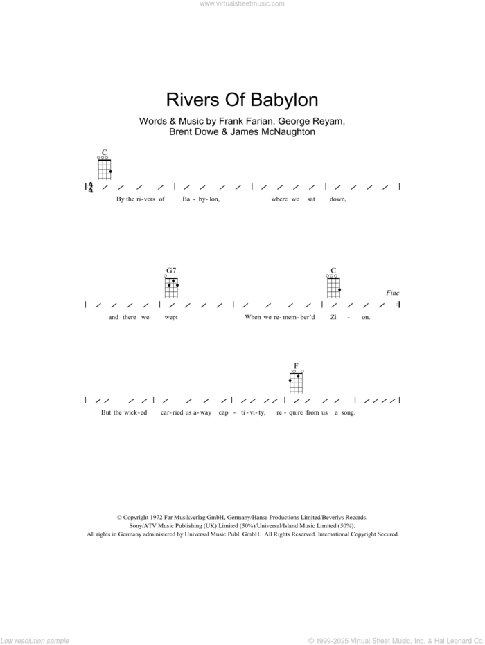 Rivers Of Babylon sheet music for ukulele (chords) by Boney M., The Melodians, Brent Dowe, Frank Farian, George Reyam and James McNaughton, intermediate skill level