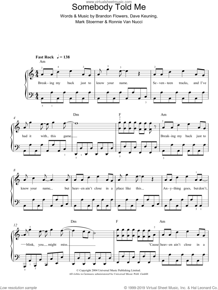 Somebody Told Me sheet music for piano solo by The Killers, Brandon Flowers, Dave Keuning, Mark Stoermer and Ronnie Van Nucci, easy skill level