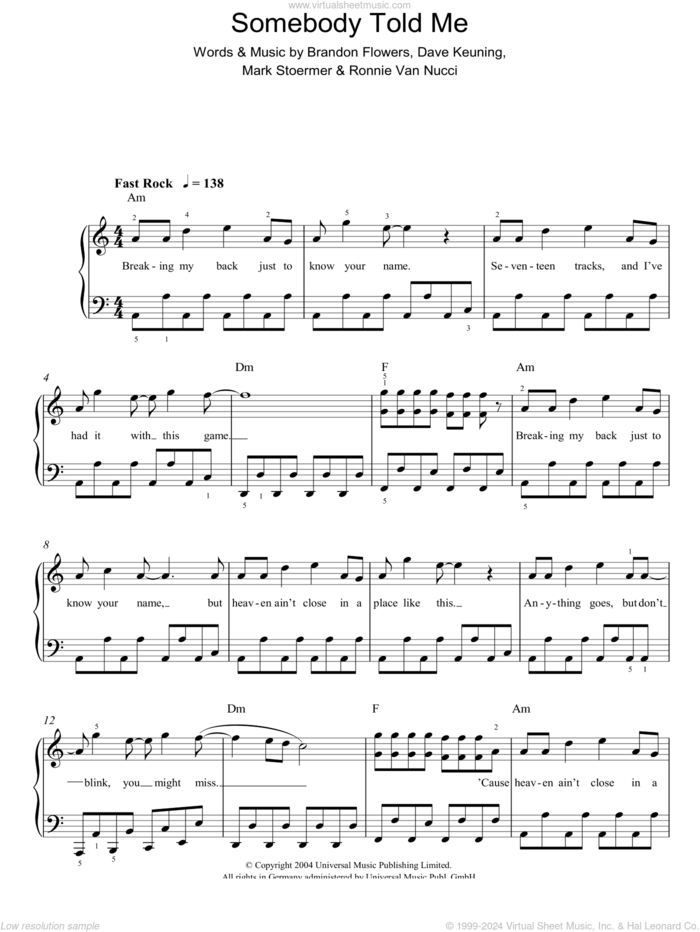 Somebody Told Me, (easy) sheet music for piano solo by The Killers, Brandon Flowers, Dave Keuning, Mark Stoermer and Ronnie Van Nucci, easy skill level