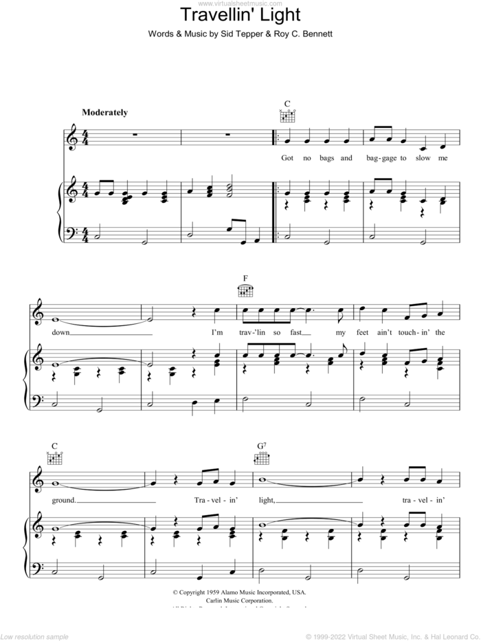 Travellin' Light sheet music for voice, piano or guitar by Cliff Richard, Roy Bennett and Sid Tepper, intermediate skill level