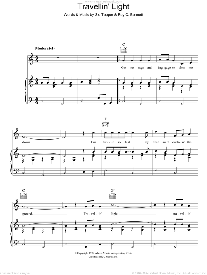 Travellin' Light sheet music for voice, piano or guitar by Cliff Richard, Roy Bennett and Sid Tepper, intermediate skill level