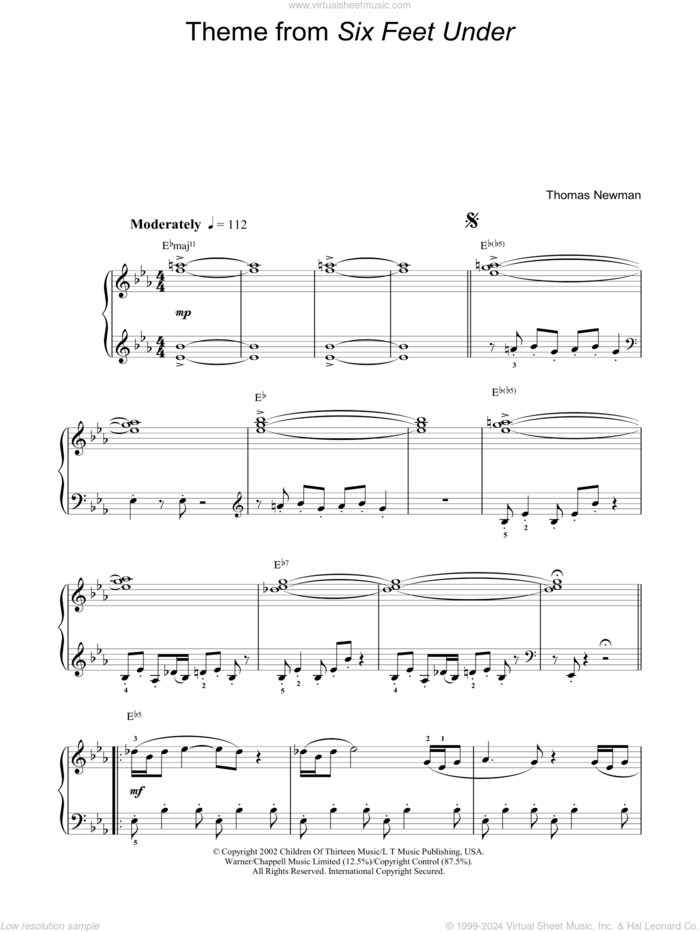 Theme from Six Feet Under sheet music for piano solo by Thomas Newman, easy skill level