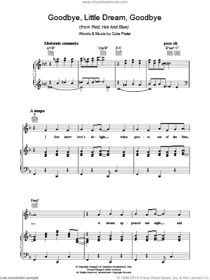 Goodbye Little Dream sheet music for voice, piano or guitar by Cole Porter, intermediate skill level