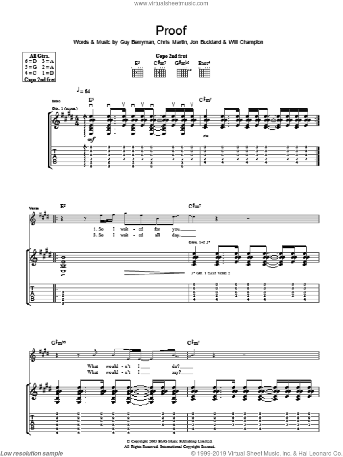 Proof sheet music for guitar (tablature) by Coldplay, Chris Martin, Guy Berryman, Jon Buckland and Will Champion, intermediate skill level