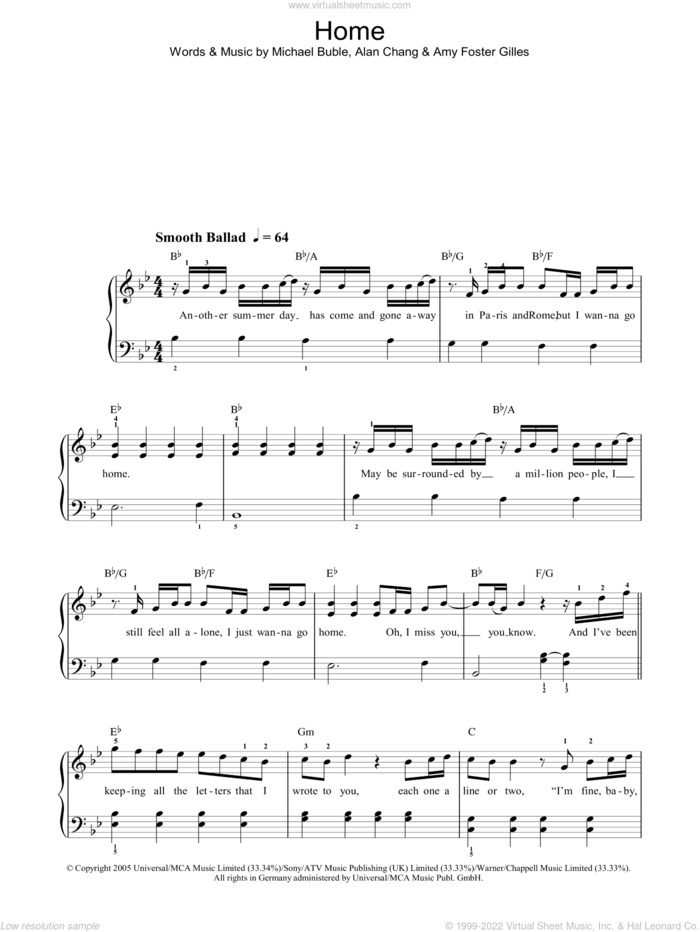 Home sheet music for piano solo by Westlife, Alan Chang, Amy Foster Gilles and Michael Buble, easy skill level