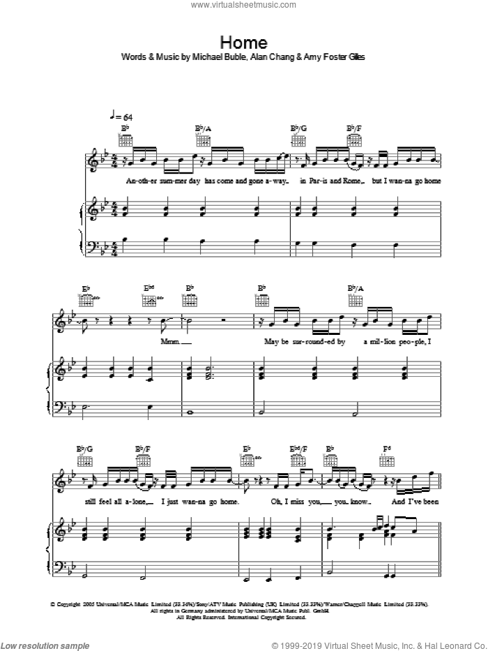Home sheet music for voice, piano or guitar by Michael Buble, Alan Chang and Amy Foster Gilles, intermediate skill level