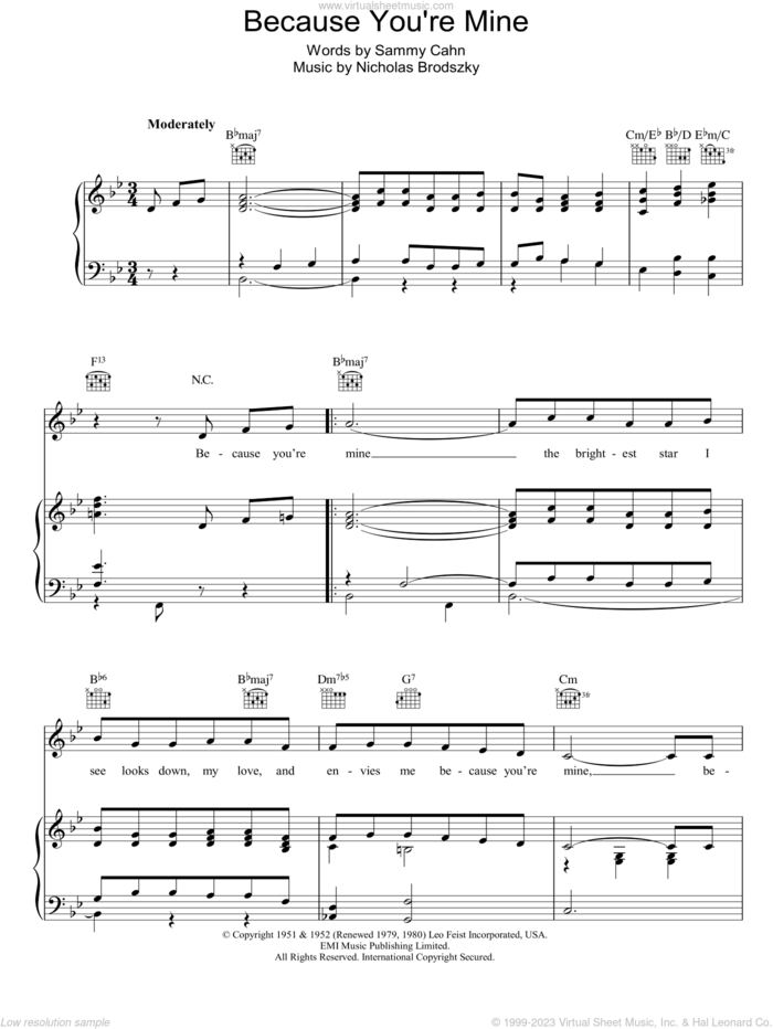 Because You're Mine sheet music for voice, piano or guitar by Sammy Cahn and Nicholas Brodszky, intermediate skill level